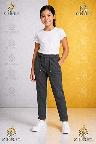 SİNREZ Pantaloni uni pentru fete 2.MDL cu talie elastică din Lycra, stil cu p...
