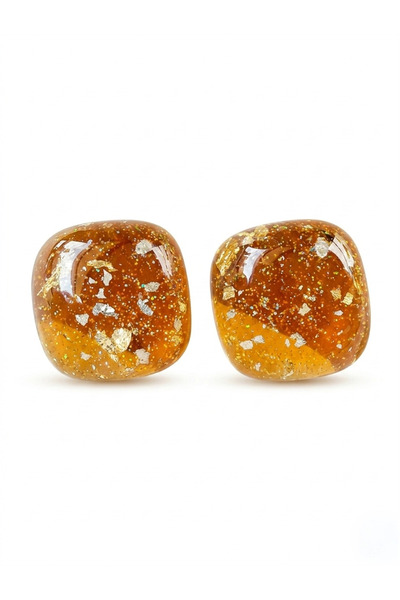 Pelin Aksesuar Amber Color Gold Leaf Square Design Earrings