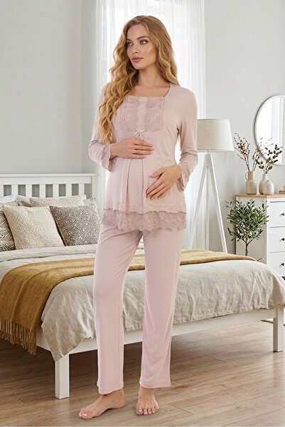 Lohusa Homewear New Season Beige Maternity Long Sleeve Stylish Lace Design Bu...