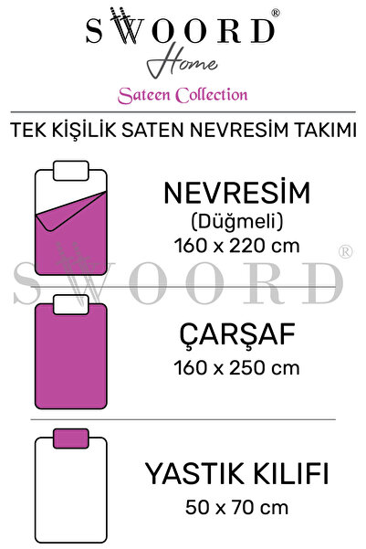 SWOORD Home Tek Kişilik Saten Nevresim Takımı (3lü Tam Set) + Hediye Saten Saç Tokası