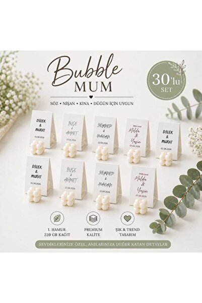 MS VELORA Kişiye Özel Nikah, Nişan, Söz, Kına Hediyelik Bubble Mum (30 Adet)