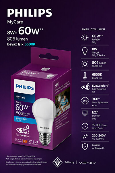 Philips 8W LED Ampul 60W Eşdeğer 806 Lümen E27 6500K Beyaz Işık EyeComfort Uz...