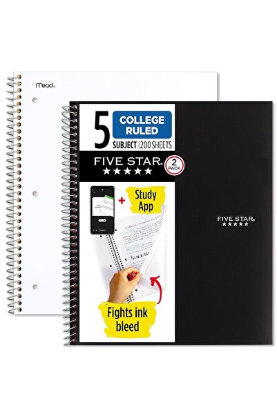 Generic Five Star Spiral Notebook, 5 Subjects, 200 Ruled College Pages, 11 x ...