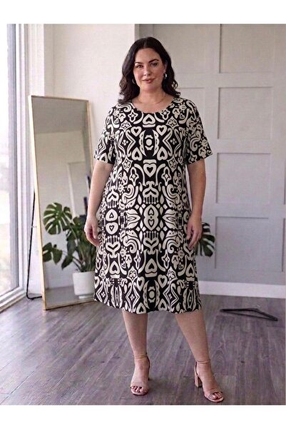 emeliyamoda Desenli Dokuma Viskon Büyük Beden Anne Elbisesi