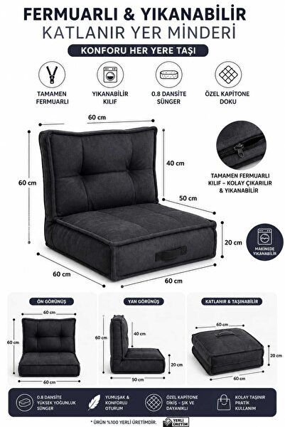 COLORMİX Fermuarlı Yıkanabilir Katlanır Çok Amaçlı Yer Minderi 60x60 cm Taşın...