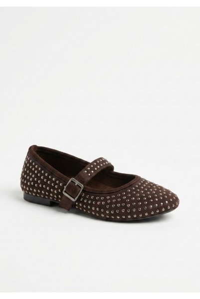 GNY AYAKKABI Women's Brown Suede Stone-Embellished Mary Jane Flats - Stone-Printed Buckle Shoes