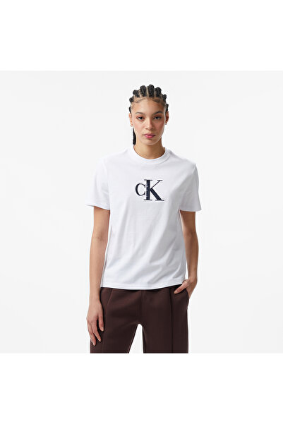 Calvin Klein Tricou alb cu mânecă scurtă pentru femei, cu detaliu text CK și ...