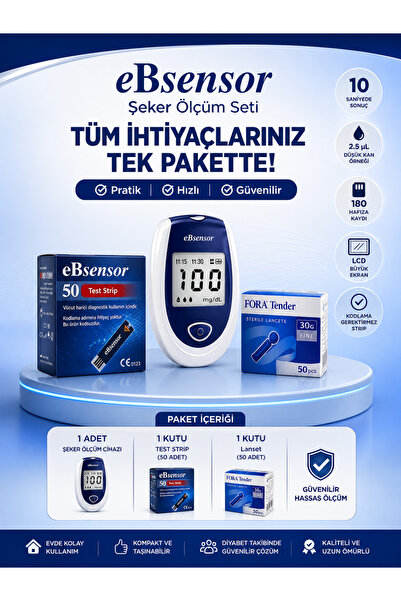 Ebsensor Şeker Ölçüm Cihazı 1 Kutu Strip (50 ADET) 1 Kutu (50 ADET) Lanset Başlangıç Paketi