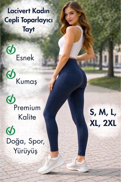 lzv Women's Navy Blue High Waist Pocket Detailed Gathering Diving Fabric Leggings – Sports - Casual Elegance