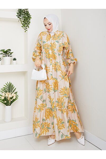 FRESH FASHION فستان مودال مانجو نسائي منقوش بطبقات متعددة وأزرار أمامية منقوش...