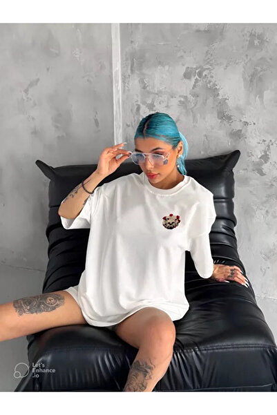 Efnaz style تي شيرت كبير الحجم مطبوع برقبة دائرية للجنسين - أبيض