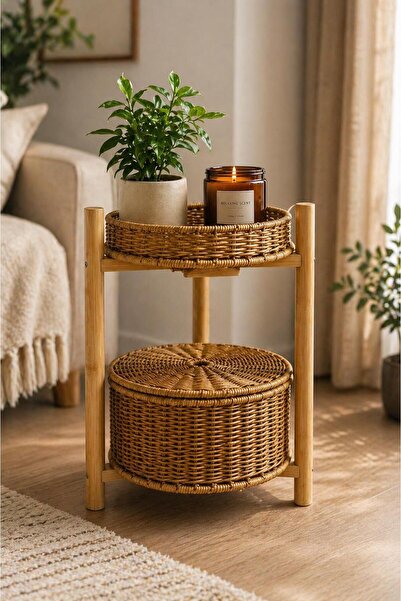 İLİVA Bambu Ayaklı Rattan Sepetli Organizer Sebzelik 2 Katlı Çok Amaçlı Dekor...