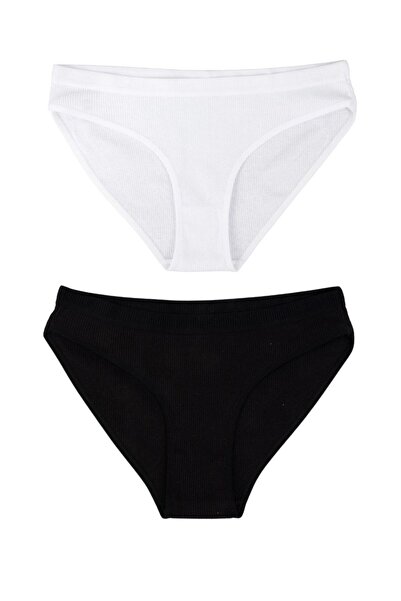 Kadın 2'Li Pamuklu Fitilli Bikini Külot Seti - Siyah-Beyaz