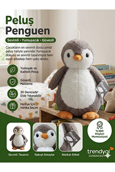 TIGOES Penguen Oyuncak Peluş 25 cm Yumuşak Dokulu Nakışlı Uyku Arkadaşı Hediy...