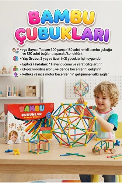 Tıfıl Toys Bambu Çubuklar 300 Parça Eğitici Yapım Seti - Zeka Geliştirici İnş...