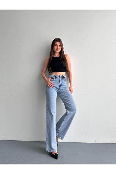 Kadın Mavi Kar Yıkama Yüksek Bel Wide Leg Jeans