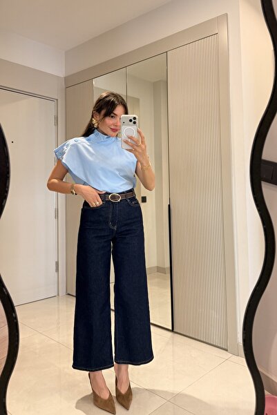 Gizem Ecemiş Howell Darkblue Kemerli Wide Leg Jean