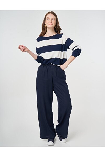 Kayra Elastic Waist Linen Trousers Dark Navy Blue