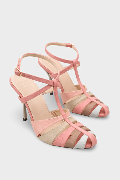 LOJO Дамски елегантни обувки на ток с тънки каишки и детайли Clivati Pink Garni