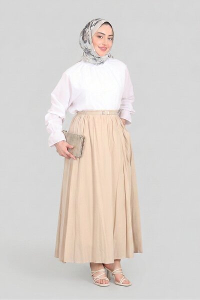 Norshen Stone Women's Belt Detailed Draped Skirt - Lined