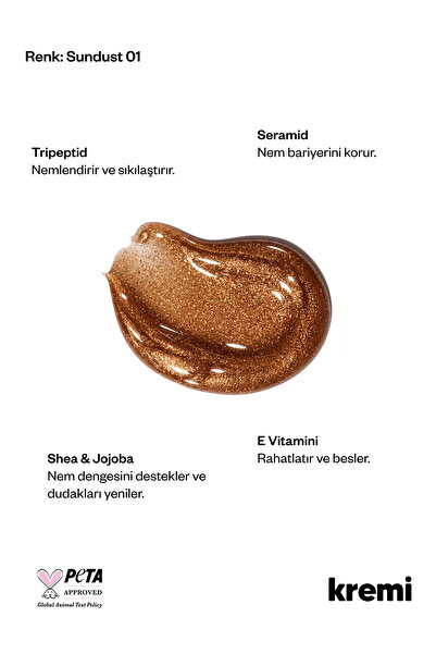 Kremi Dudak Bakım Parlatıcı Lip Balm Sundust, Bronz Simli, Nemlendirici, Peptit, Seramid, E Vitamini 13ml