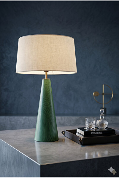Vinner Belfort Luxury PINE GREEN Renk Ahşap Abajur – Keten Şapkalı Modern Mas...