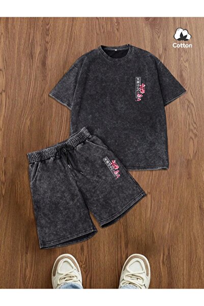ZAVIXO Unisex Oversize Σετ Σορτς Ανθρακί με Ιαπωνικό Τύπωμα και Μοντέρνα Εμφά...