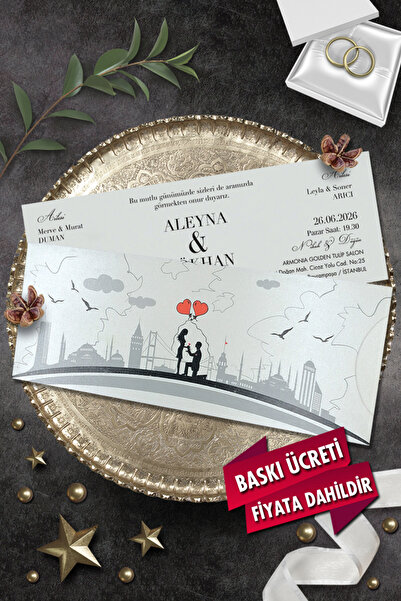 Cem Davetiye Düğün Nişan Nikah Kına Davetiyesi 3345 (100 ADET) Baskı Dahil