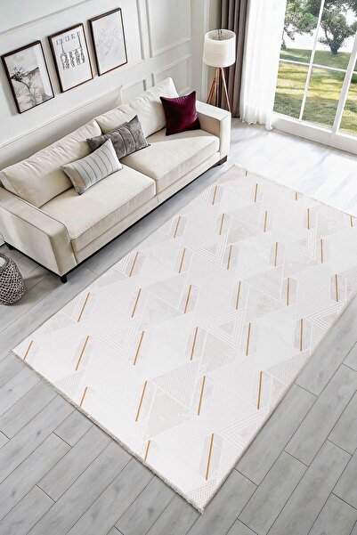 PASTEL HALI Gold Sarı Beyaz Geometrik Yün Tuşeli Akrilik Halı Salon Oturma Od...