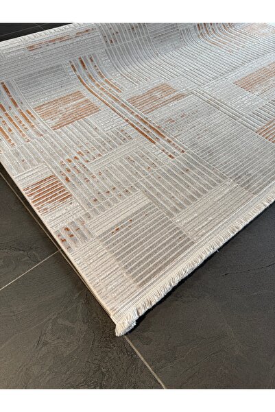 PASTEL HALI Turuncu Kiremit ve Gri Geometrik Yün Tuşeli Akrilik Halı Salon Ot...