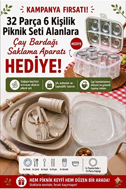 ZİVORA 32 Parça 6 Kişilik Piknik Seti Taşıma Çantalı Tabak Bardak Çatal Kaşık...
