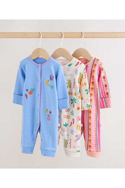 Next Baby Pamuklu Mavi/Pembe Çiçek Desenli 3'lü Tulum Set