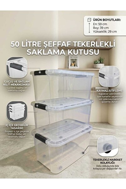 biedda 3 Adet 50 LT Tekerlekli Kilitli Ev Mutfak ve Kamp Saklama Kutusu Şeffa...