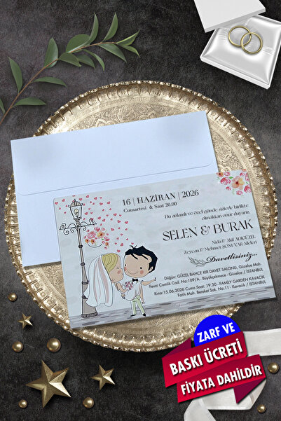 Cem Davetiye Düğün Nişan Nikah Kına Davetiyesi 3424 (100 ADET) Baskı Dahil