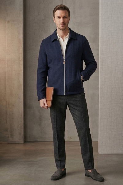 Ekolim Navy Blue Men's Jacket Zippered Seasonal Jacket Original Polo Collar M...