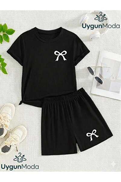UygunModa Mini Ribbon Printed T-Shirt Shorts Summer Children's Set