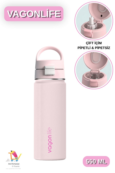 Vagonlife 550 ML Çift İçim - Pipetli / Pipetsiz Taşıma Kulplu Paslanmaz Çelik...