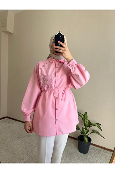 ELORİA H.A.Y Süs Cepli Düğme Detaylı Tesettür Gömlek- PEMBE