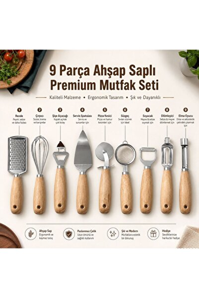 Myplas 9 Parça Ahşap Saplı Premium Mutfak Seti Paslanmaz Çelik Rende Çırpıcı ...