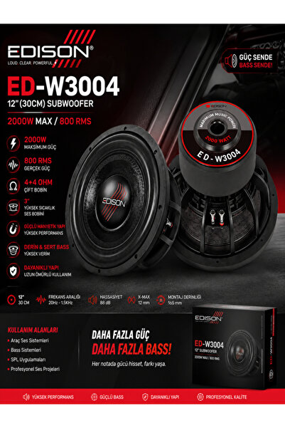 Edison ED-W3004 30CM 12” Subwoofer 800 RMS 2000W Çift Bobin 4+4 Ohm Oto Bass ...