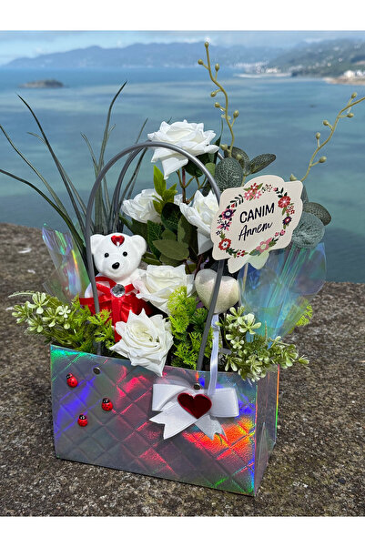 destiny flowers Yapay Çiçek çantası (beyaz-kırmızı ayıcıklı)