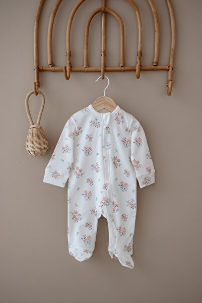 İpek Studio %100 Organik Pamuk Patikli Bebek Tulumu - Soft Spring Flower