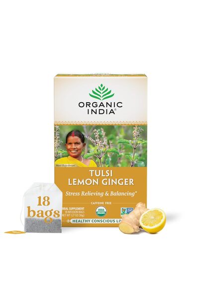 Organic India شاي تولسي بالليمون والزنجبيل العشبي - بقدونس مقدس، مهدئ للتوتر ...