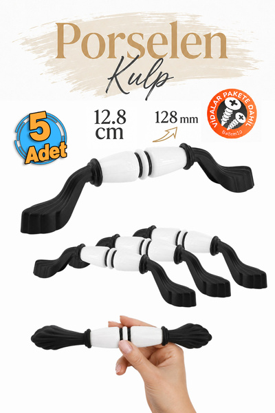 Badem10 (5 Adet) Arelya Porselen Beyaz Siyah Kulpları 128 mm Mobilya Mutfak Ç...