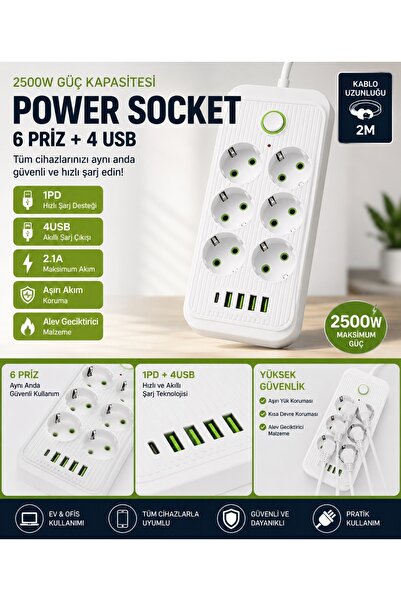 Tastech F19U 2500W 6 LI PRİZ 6 Soket 220V 4Usb 5V 2.1A 1 Pd 2.1A Şarj Termal ...