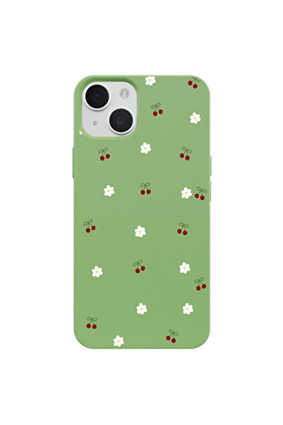 Casen iPhone 15 Yeşil Lansman Renkli Silikon Kiraz ve Çiçek Desenli Kamera Ko...