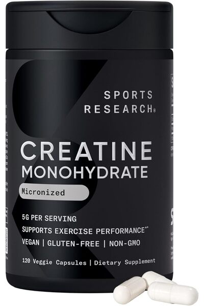 Sports Research كبسولات كرياتين مونوهيدرات - خالية من المواد المعدلة وراثياً،...