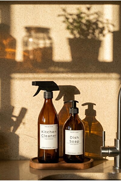 Frolde Ahşap Stantlı 2'li Amber Cam Bulaşık Deterjanı Kitchen Cleaner Sıvı Sa...