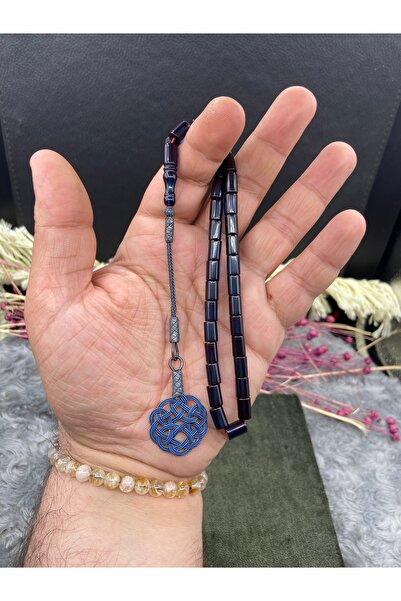 Kttesbihaksesuar 6x10 mm SİYAH MAVİ KESME ATEŞ KEHRİBAR TESBİH 1000 AYAR GÜMÜ...