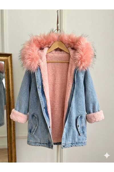 Burçak Butik Girl's Hooded Plush Fur Denim Coat